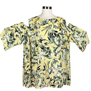 Cold Shoulder Top Ruffled Round Neckline Pullover Yellow Floral Women's Sz 1X